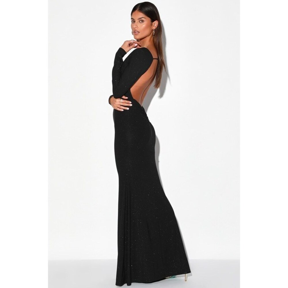 Lulus Glamorous In Glitter Black Long Sleeve Backless Gown - Size M